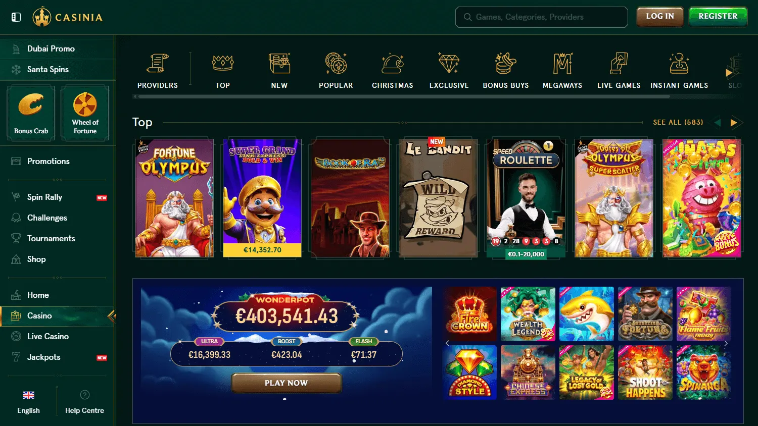 Casinia Casino games area on a desktop browser
