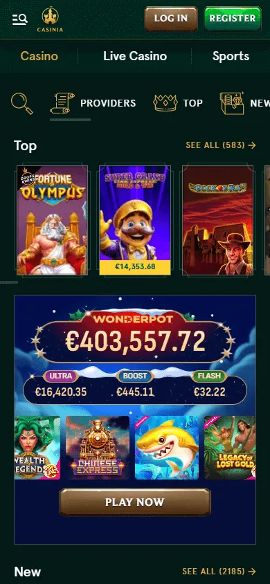 Casinia Casino games area on a mobile browser