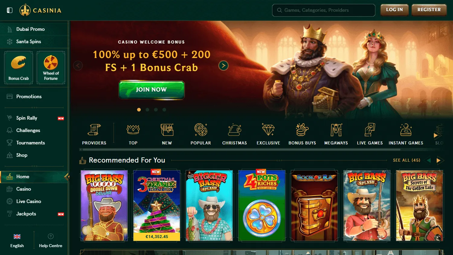 Casinia Casino home page on a desktop browser