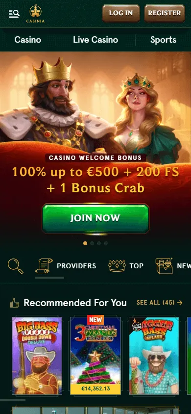 Casinia Casino home page on a mobile browser
