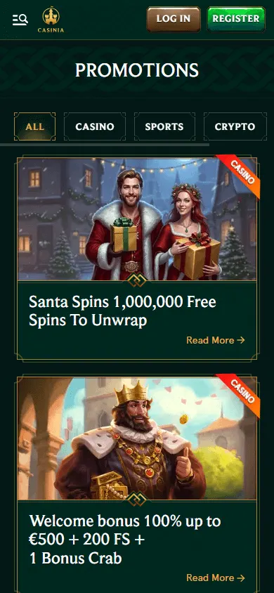 Casinia Casino promotions area on a mobile browser