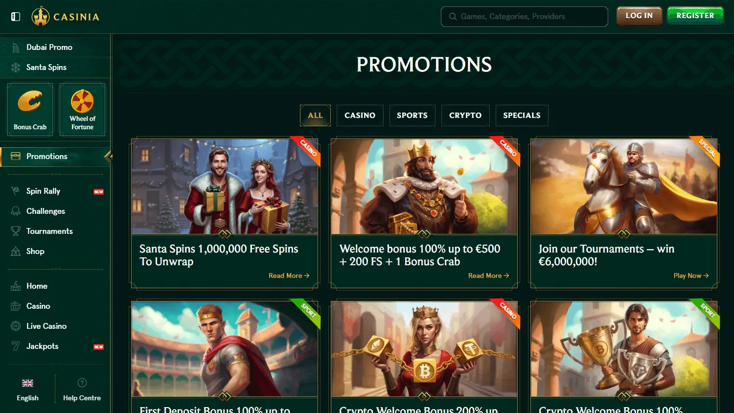Casinia Casino promotions area on a desktop browser